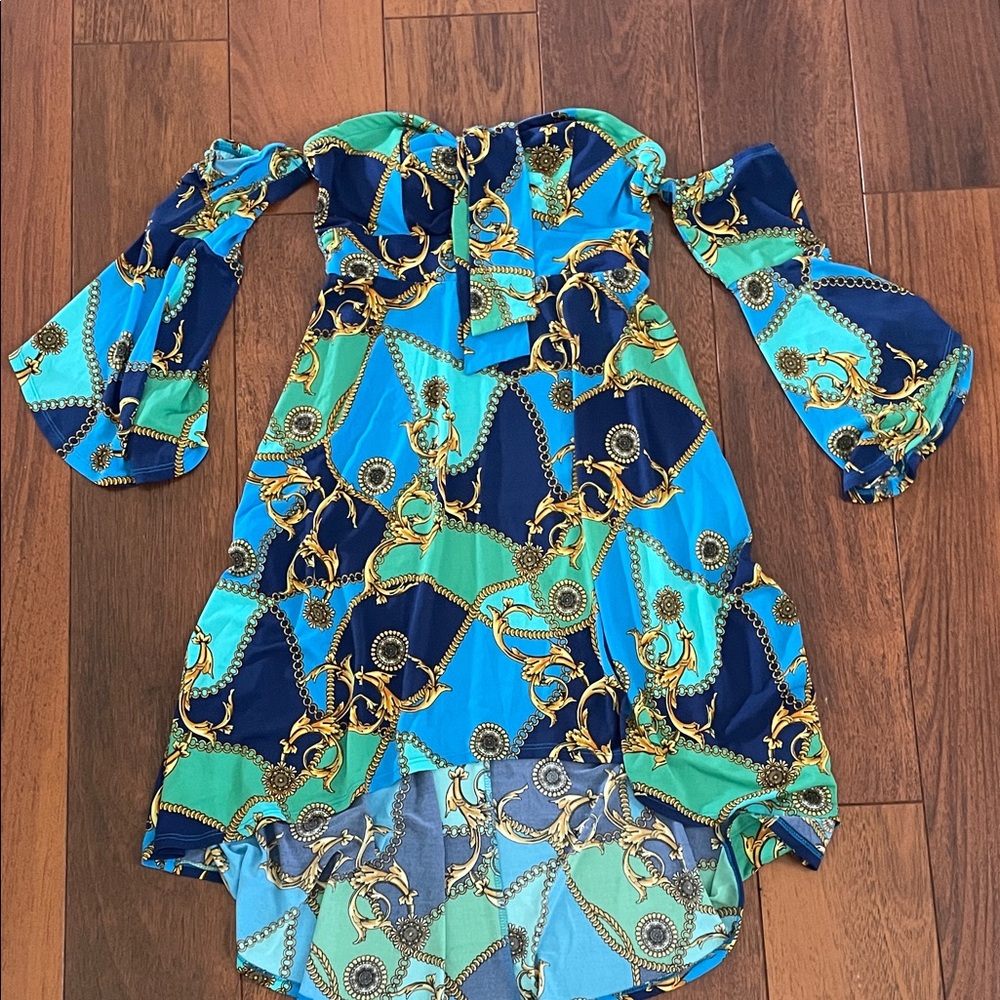 Venus Off-Shoulder Chain Print Dress in Blue & Teal
